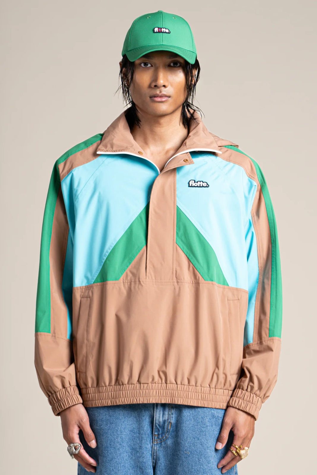 Abbesses - Tricolor sport jacket - Flotte couleur cannelle turquoise cactus #couleur_cannelle-turquoise-cactus