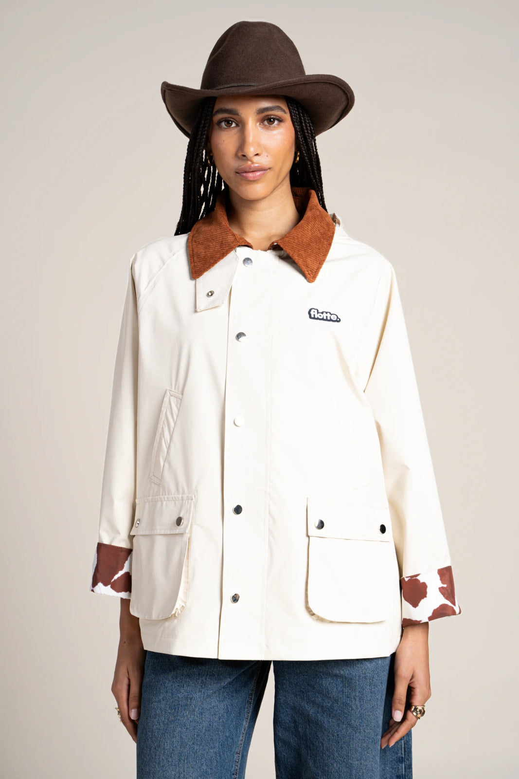 Archives - Raincoat inspired by hunting jackets with contrasting brown cow print collar and sleeves - Shell-colored Flotte 