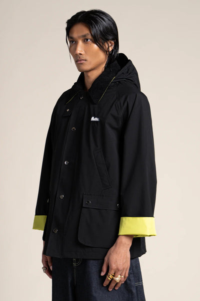 Archives - Hunting jacket-inspired raincoat with contrasting matcha collar and sleeves in Black - Flotte couleur Black #couleur_ombre