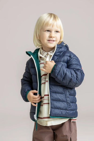 Chaligny - Children's reversible down jacket - Flotte #couleur_sapin-indigo