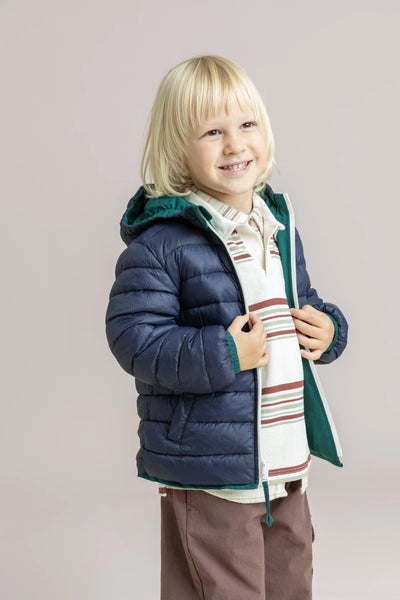 Chaligny - Children's reversible down jacket - Flotte #couleur_sapin-indigo