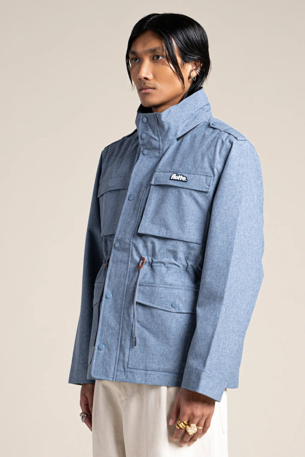 Flandres - Waterproof multi-pocket safari jacket with drawstring waist - blue jean print #couleur_blue-jean