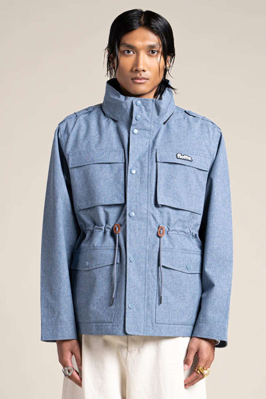 Flandres - Waterproof multi-pocket safari jacket with drawstring waist - blue jean print #couleur_blue-jean