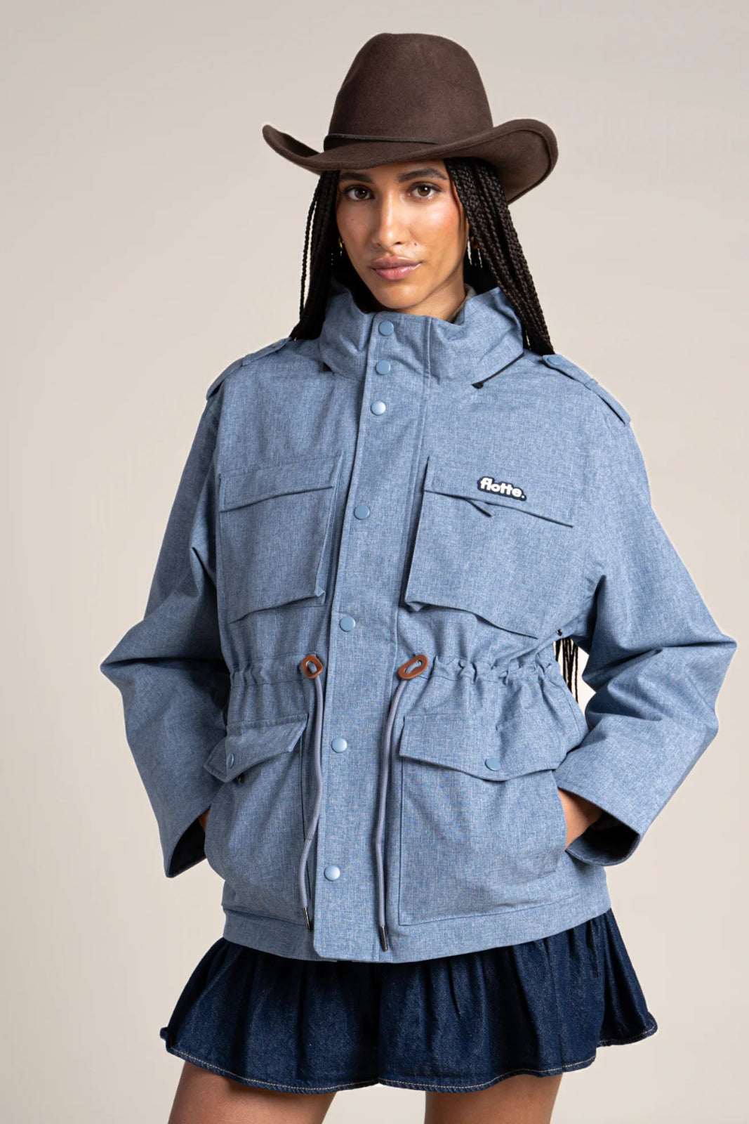 Flandres - Waterproof multi-pocket safari jacket with drawstrings at waist - blue jean print 