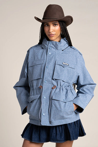 Flandres - Waterproof multi-pocket safari jacket with drawstring waist - blue jean print #couleur_blue-jean