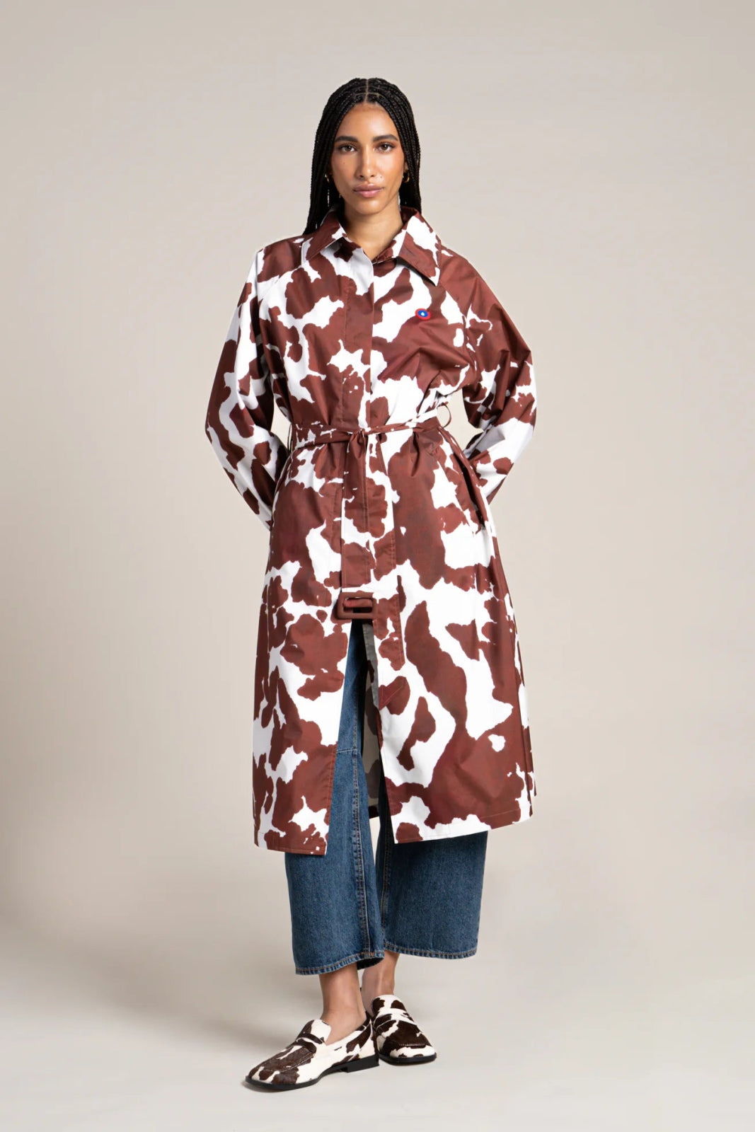 Madeleine - Waterproof long trenchcoat with belt - Cowhide print color Flotte 