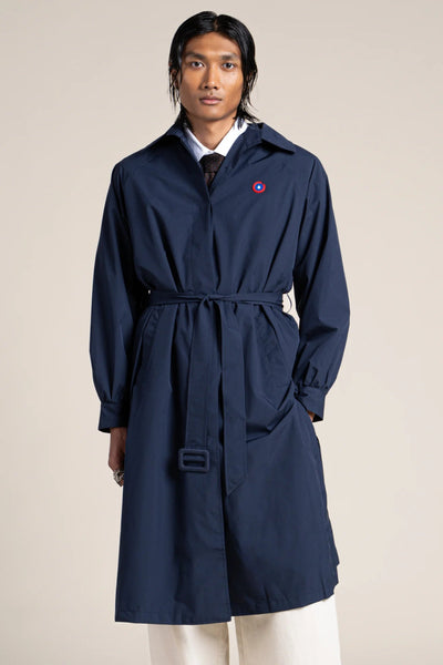 Madeleine - Waterproof long trenchcoat with belt - Flotte couleur indigo #couleur_indigo