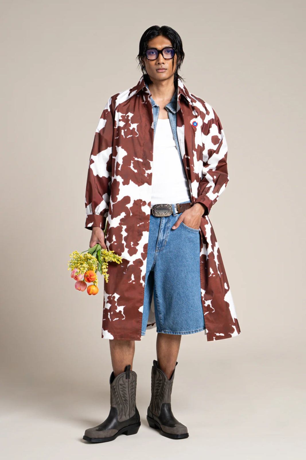 Madeleine - Waterproof long trenchcoat with belt - Cow print color Flotte #couleur_cow