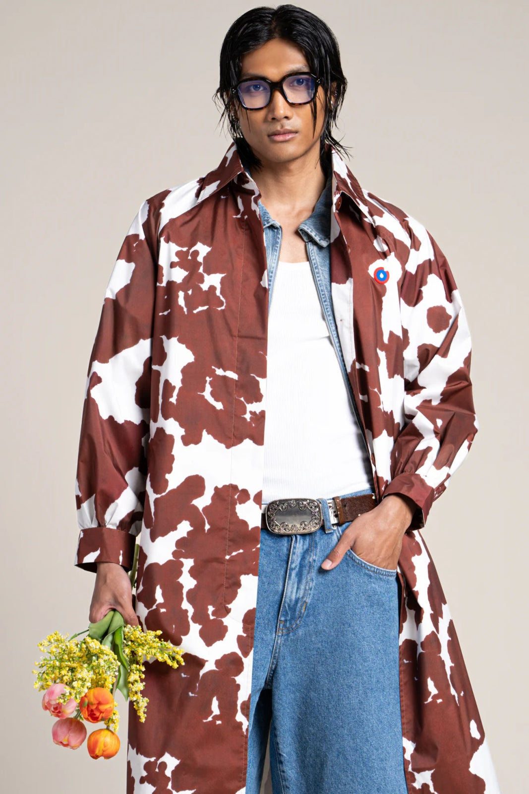 Madeleine - Waterproof long trenchcoat with belt - Cow print color Flotte #couleur_cow