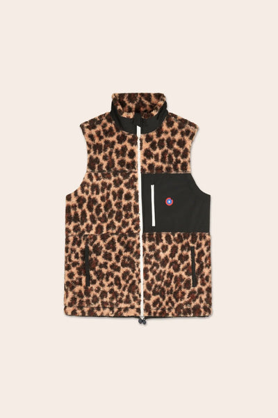 Leopard-colored sleeveless fleece jacket/.Black 