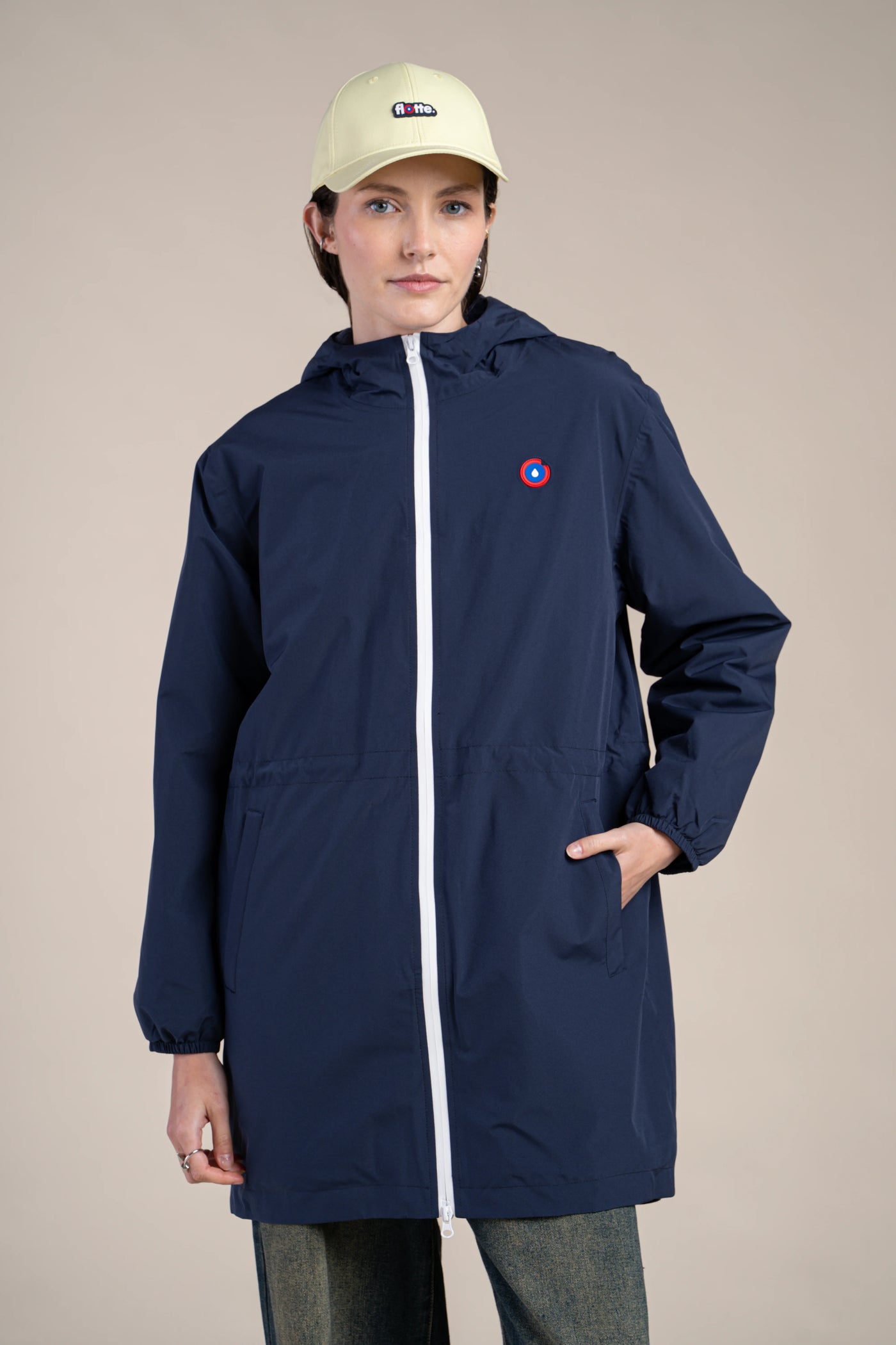 Navy Blue Fleece-Lined Waterproof Long Jacket #couleur_indigo