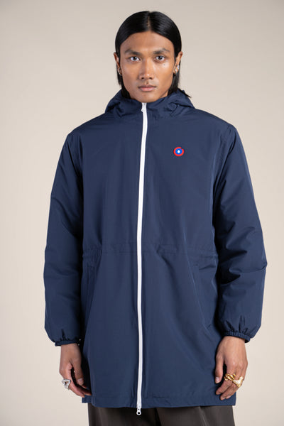 Long waterproof jacket with navy blue indigo lining #couleur_indigo