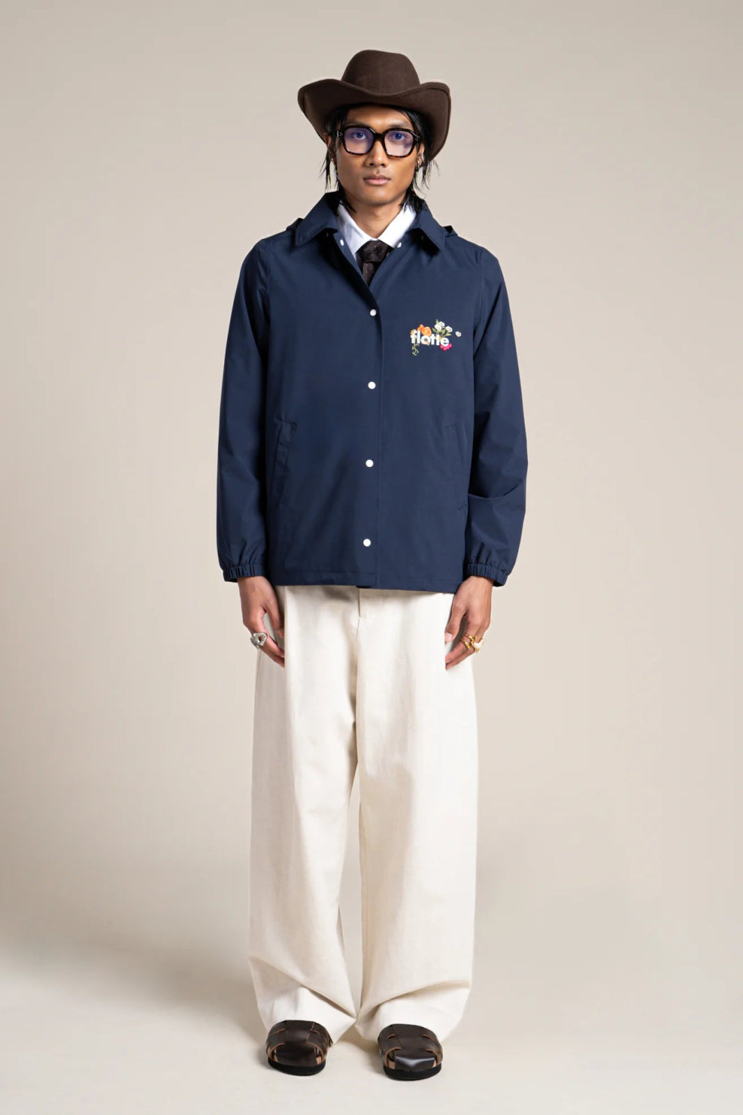 Plaisance - Work blue inspired waterproof jacket with fleet floral embroidery - color indigo #couleur_indigo