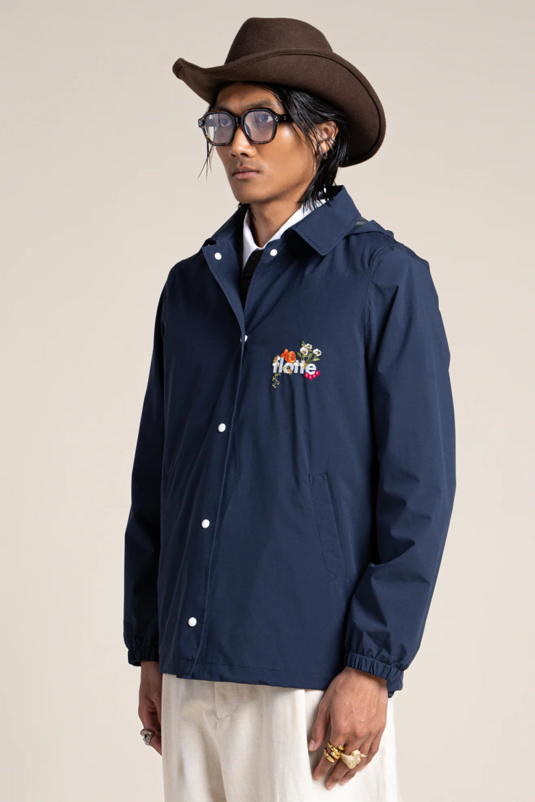 Plaisance - Work blue inspired waterproof jacket with fleet floral embroidery - color indigo #couleur_indigo