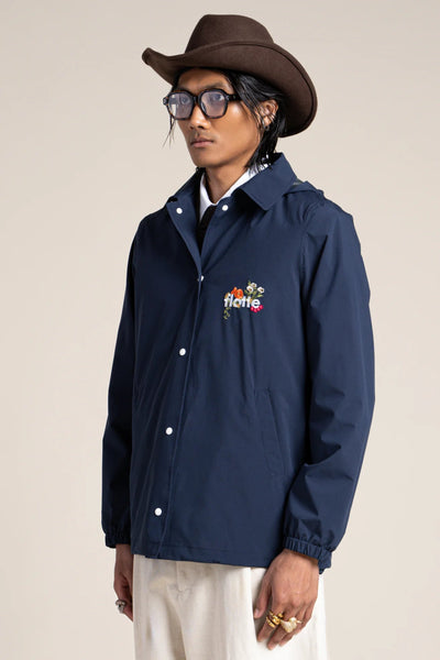 Plaisance - Work blue inspired waterproof jacket with fleet floral embroidery - color indigo #couleur_indigo