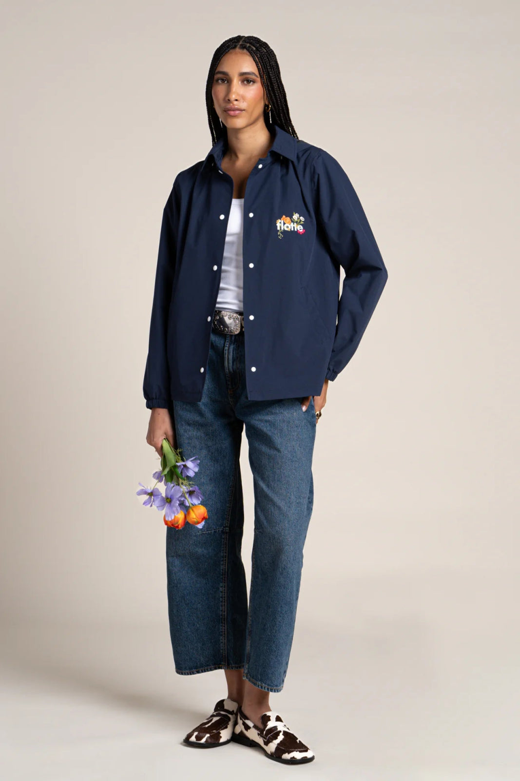 Plaisance - Work blue inspired waterproof jacket with fleet floral embroidery - color indigo #couleur_indigo