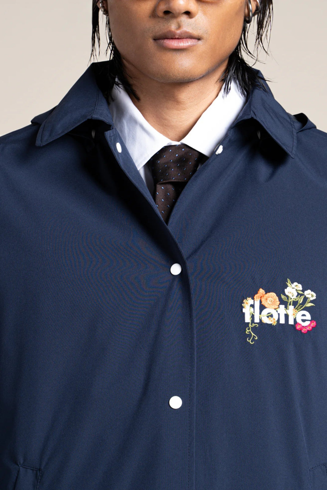 Plaisance - Work blue inspired waterproof jacket with fleet floral embroidery - color indigo #couleur_indigo