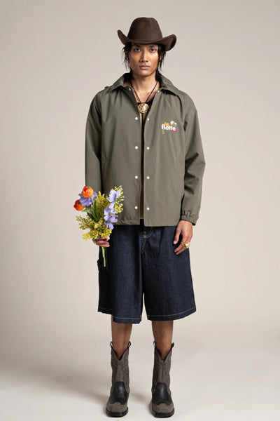 Plaisance - Work blue inspired waterproof jacket with fleet floral embroidery - color khaki #couleur_kaki