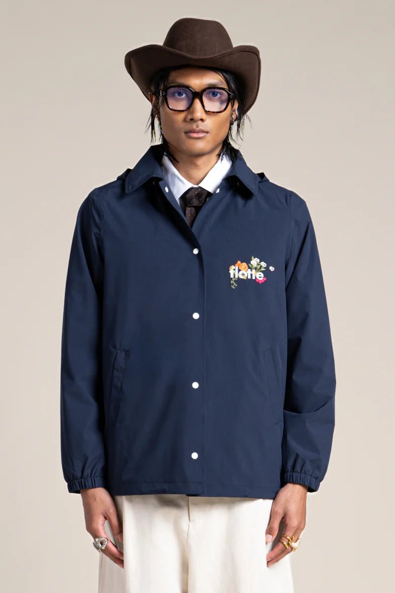 Plaisance - Work blue inspired waterproof jacket with fleet floral embroidery - color indigo #couleur_indigo