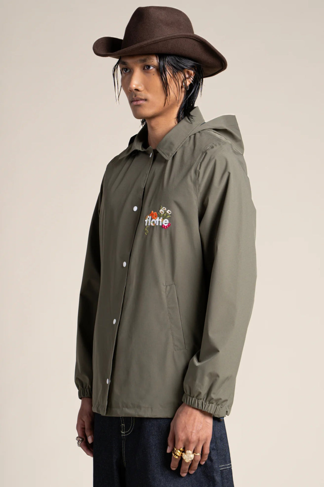 Plaisance - Work blue inspired waterproof jacket with fleet floral embroidery - color khaki #couleur_kaki