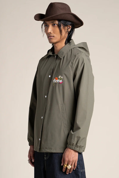 Plaisance - Work blue inspired waterproof jacket with fleet floral embroidery - color khaki #couleur_kaki