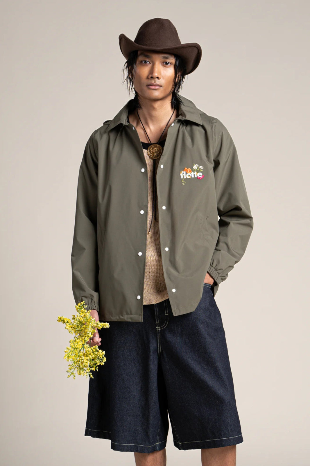 Plaisance - Work blue inspired waterproof jacket with fleet floral embroidery - color khaki #couleur_kaki