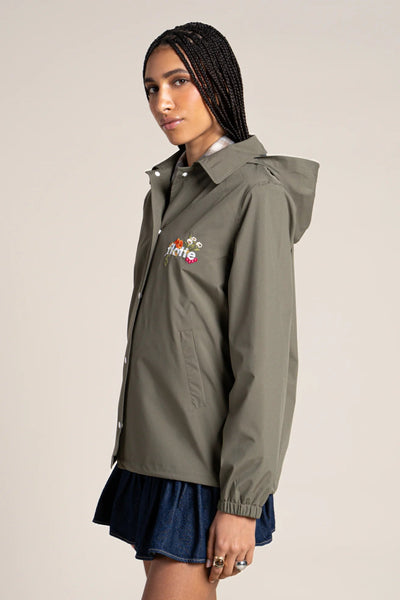 Plaisance - Work blue inspired waterproof jacket with fleet floral embroidery - color khaki #couleur_kaki