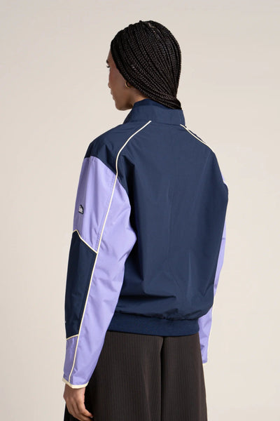 Pyramides - Contrast waterproof biker jacket in indigo and parma #couleur_parme