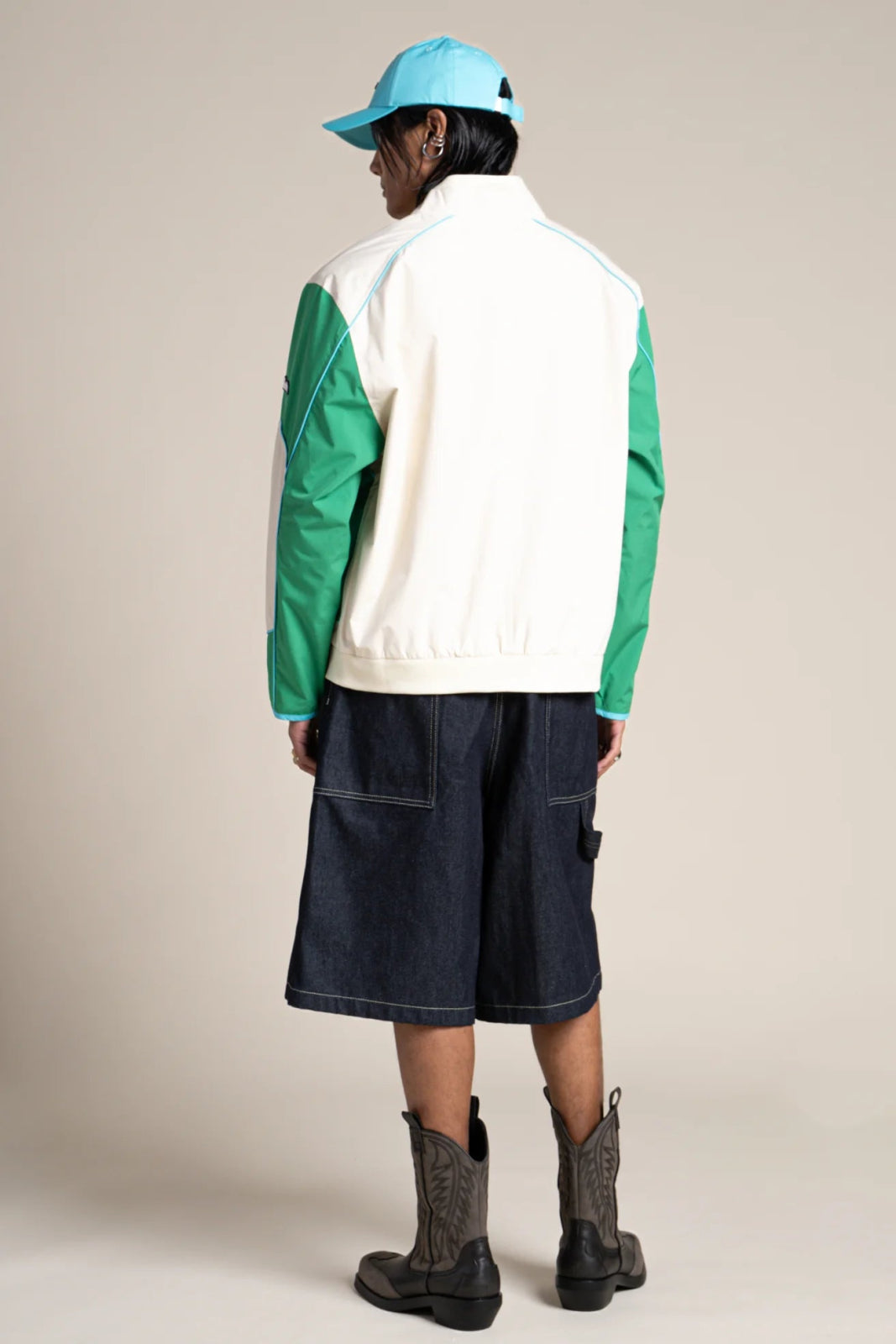 Pyramides - Contrast waterproof biker jacket in cactus color and chalk shell #couleur_cactus