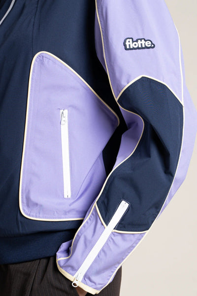 Pyramides - Contrast waterproof biker jacket in indigo and parma #couleur_parme