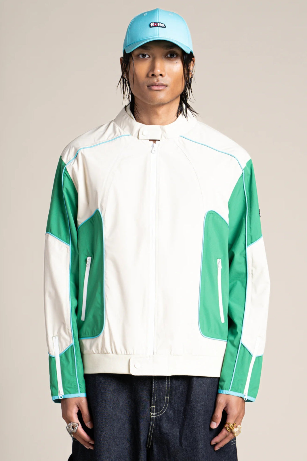 Pyramides - Contrast waterproof biker jacket in cactus color and chalk shell 