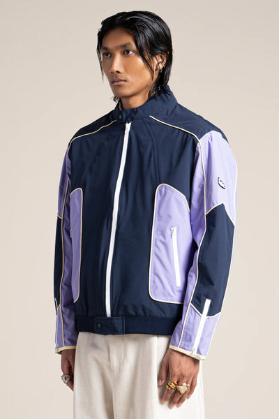 Pyramides - Contrast waterproof biker jacket in indigo and parma #couleur_parme