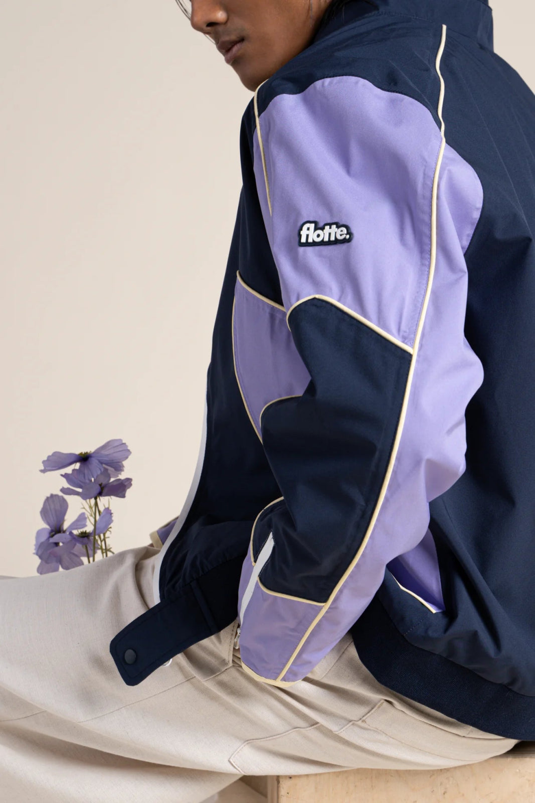 Pyramides - Contrast waterproof biker jacket in indigo and parma #couleur_parme