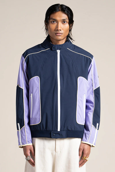 Pyramides - Contrast waterproof biker jacket in indigo and parma #couleur_parme