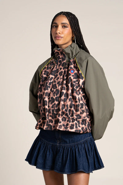 Vosges - Waterproof jacket crop-top effect new leopard print khaki color #couleur_new-leopard-khaki