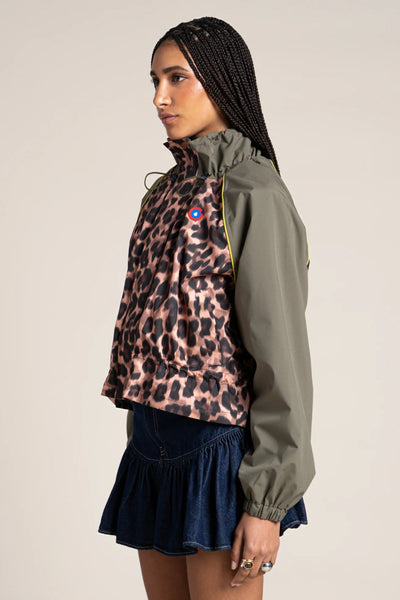 Vosges - Waterproof jacket crop-top effect new leopard print khaki color #couleur_new-leopard-khaki