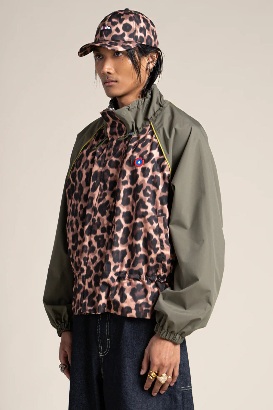 Vosges - Waterproof jacket crop-top effect new leopard print khaki color #couleur_new-leopard-khaki