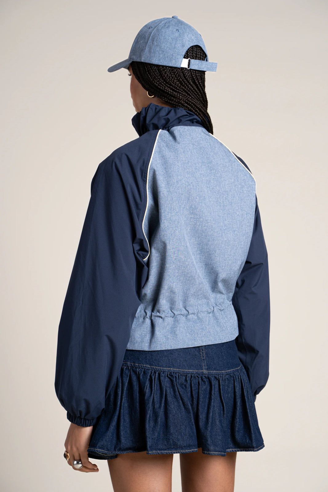 Vosges - Waterproof jacket crop-top effect blue jean color indigo #couleur_blue-jean-indigo