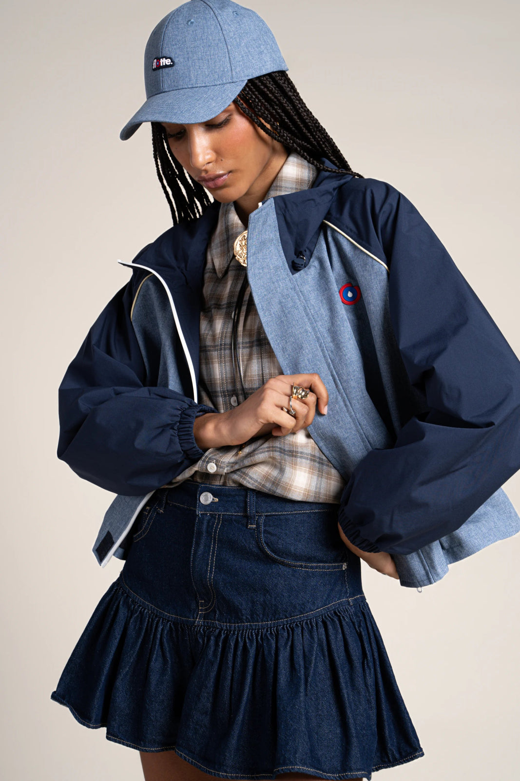 Vosges - Waterproof jacket crop-top effect blue jean color indigo #couleur_blue-jean-indigo