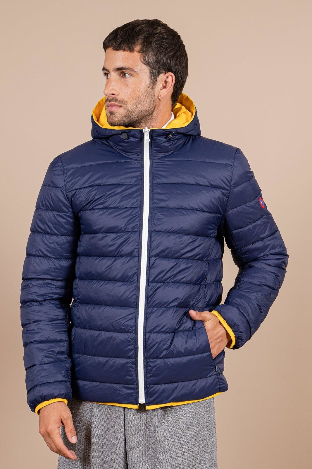 Charonne - Reversible down jacket - Flotte #couleur_citron-indigo